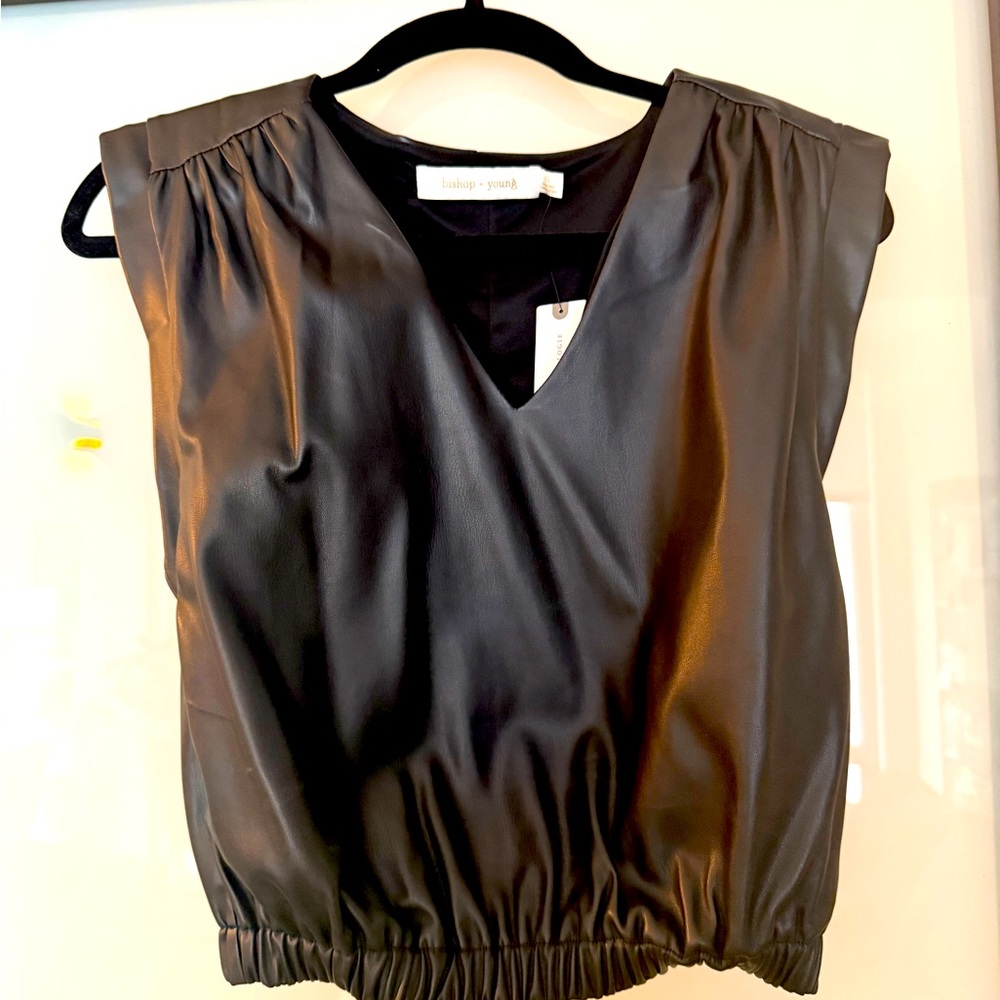 bishop + young Black Faux Leather sleeveless top NWT